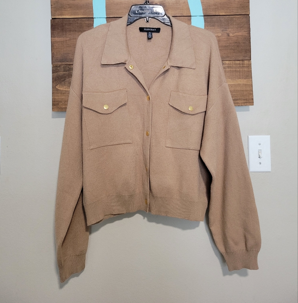 Ellen Tracy Tan Capsule Wardrobe Snap Button Cardigan Size Large